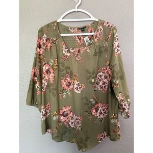 Torrid Olive Floral Crepe Blouse Smocked V-Neck 3/4 Sleeve Plus Size 2X